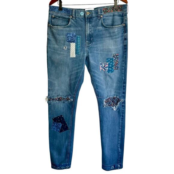 Upcycled Jeans Boho Style Patched Bleached Star Design Waist 34-36" Tapered Leg - Picture 2 of 9
